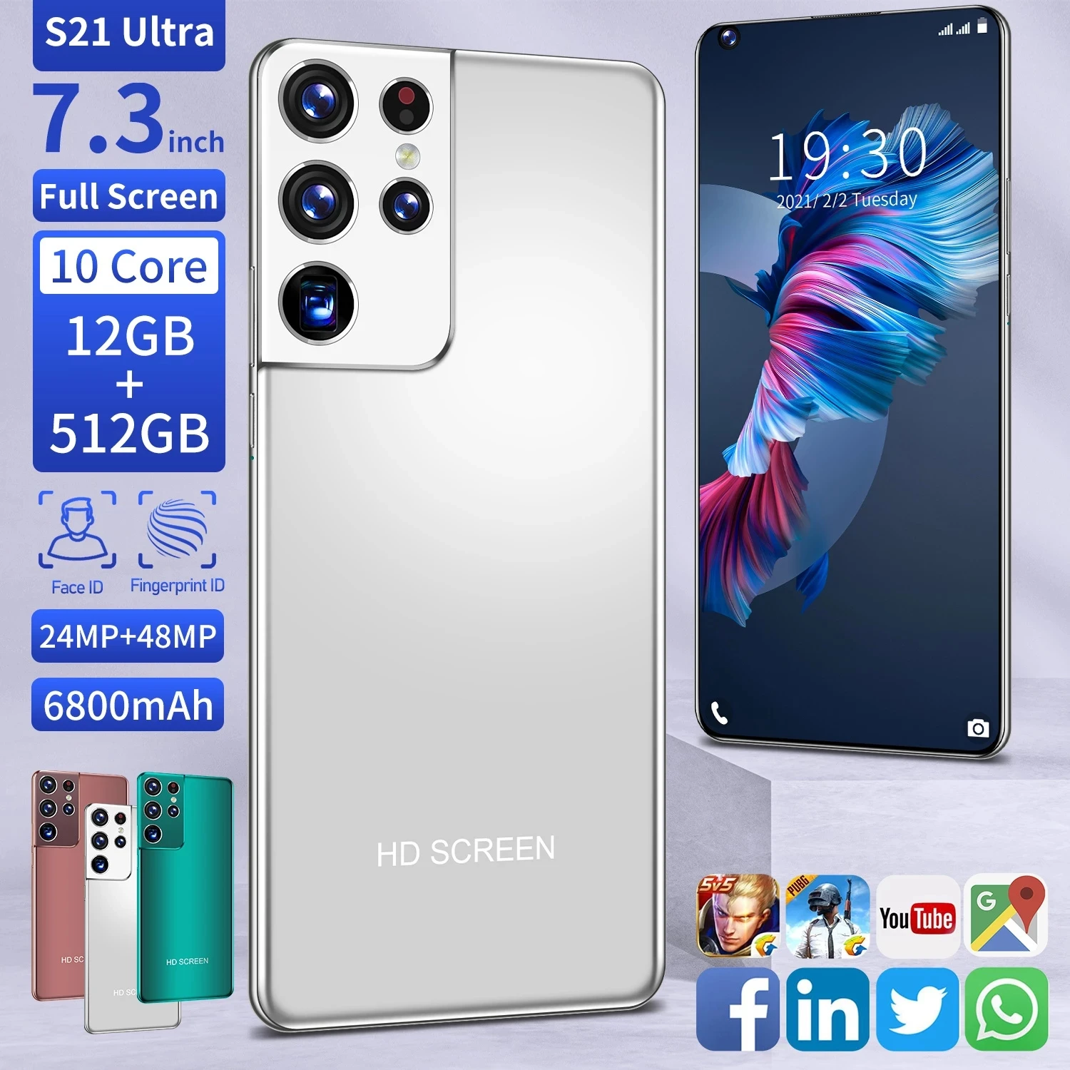 S21 Ultra Mobile Phone, Global Version, 12 + 7.3GB HD Screen 24M + 48MP, Dual SIM, Face Unlock, Fingerprint Recogniti
S21 Ultra Mobile Phone, Global Version, 12 + 7.3GB HD Screen 24M + 48MP, Dual SIM, Face Unlock, Fingerprint Recogniti