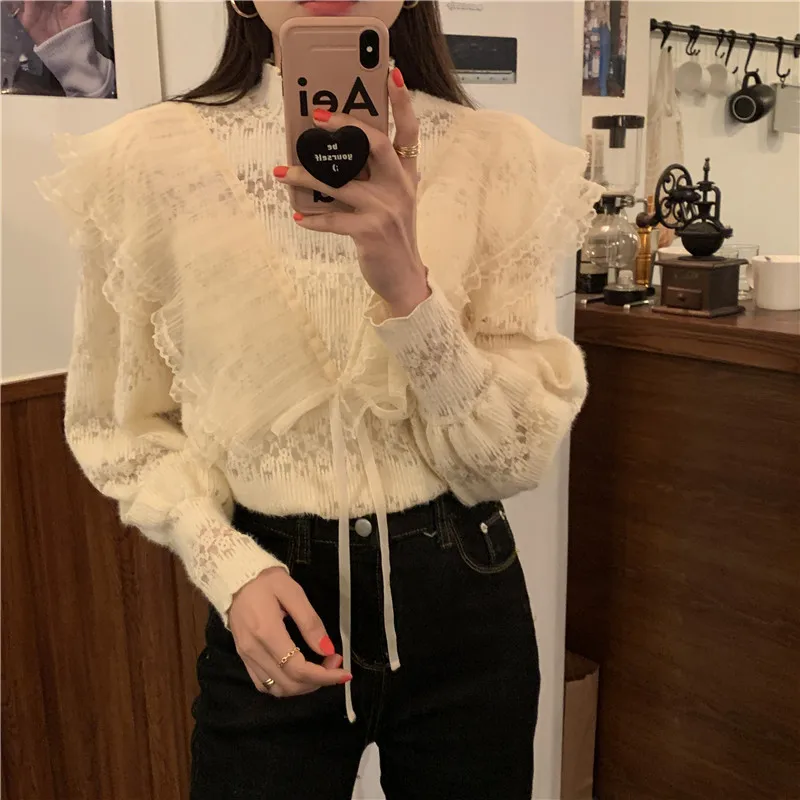 

Alien Kitty 2021 Apricot Ruffles Streetwear All Match Stylish Lace Patchwork New Chic French Retro Gentle Blouses Tops Shirts