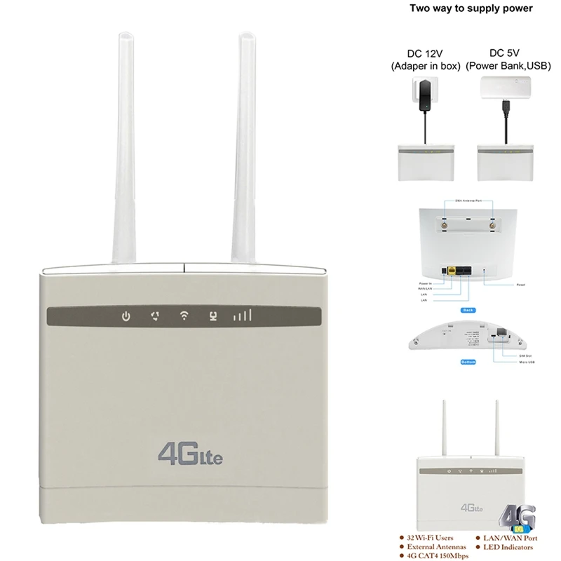 4G LTE Router 150Mbps CPE Wifi Repeater Wifi Modem Broadband with SIM Slot LAN Port Support Up to 32 Wifi Users
4G LTE Router 150Mbps CPE Wifi Repeater Wifi Modem Broadband with SIM Slot LAN Port Support Up to 32 Wifi Users