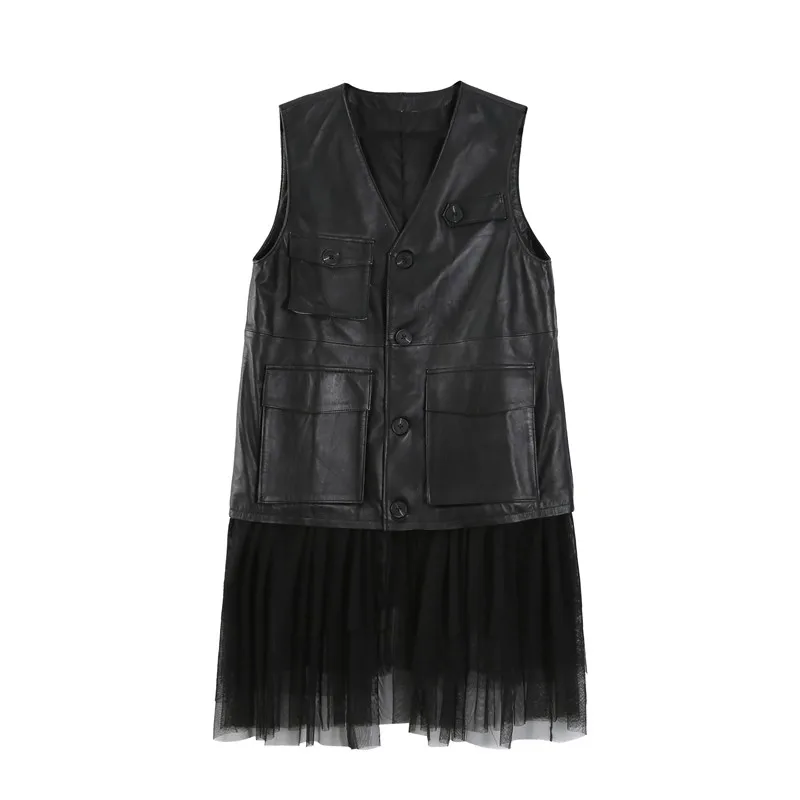 Design Womens Vest Patchwork Lace Genuine Leather Waistcoat High Street V Neck Single Breasted Sleeveless Sheepskin Jacket Vests 
Design Womens Vest Patchwork Lace Genuine Leather Waistcoat High Street V Neck Single Breasted Sleeveless Sheepskin Jacket Vests