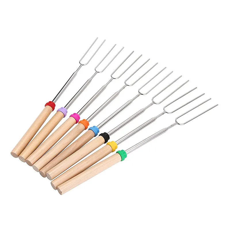 

5Pcs/Set BBQ Forks Camping Campfire Stainless Steel Wooden Handle Telescoping Barbecue Roasting Fork Sticks Skewers BBQ Forks
