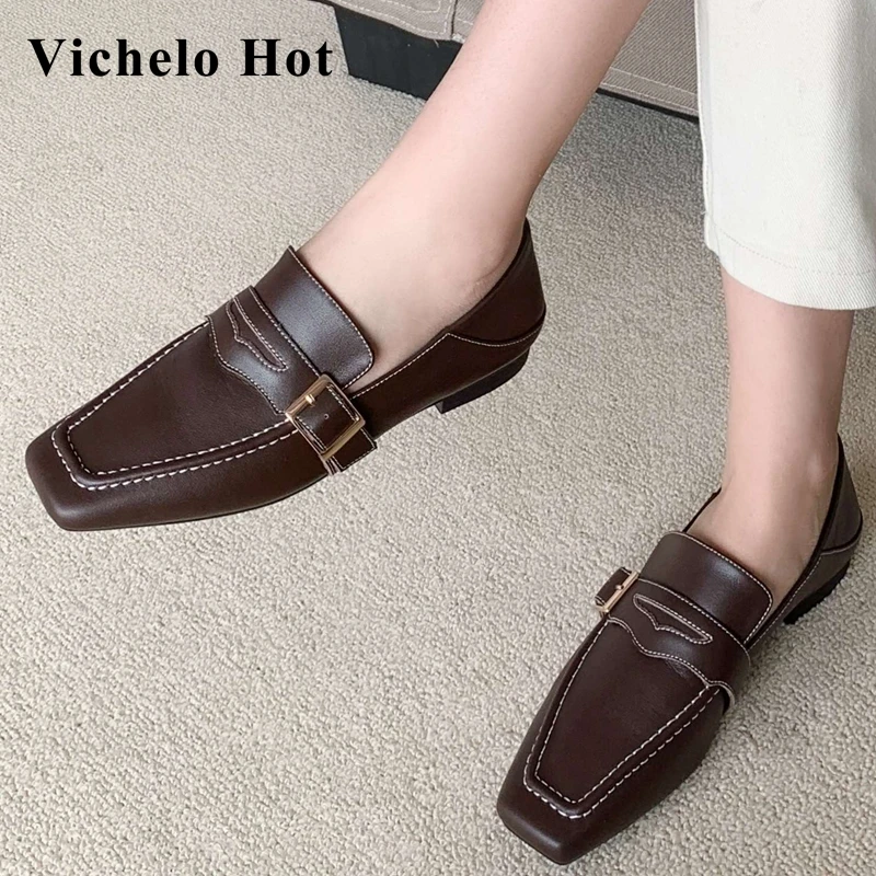 Vichelo Hot genuine leather square toe low heel simple style retro fashion buckle decoration deep mouth slip on women pumps Ld1 
Vichelo Hot genuine leather square toe low heel simple style retro fashion buckle decoration deep mouth slip on women pumps Ld1