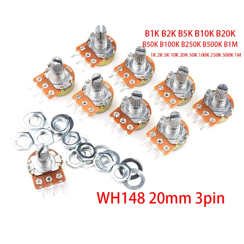 2 шт. WH148 20 мм 3pin потенциометр B1K B2K B5K B10K B20K B50K B100K B250K B500K B1M 1K 2K 5K 10K 20K 50K 100K 250K 500K