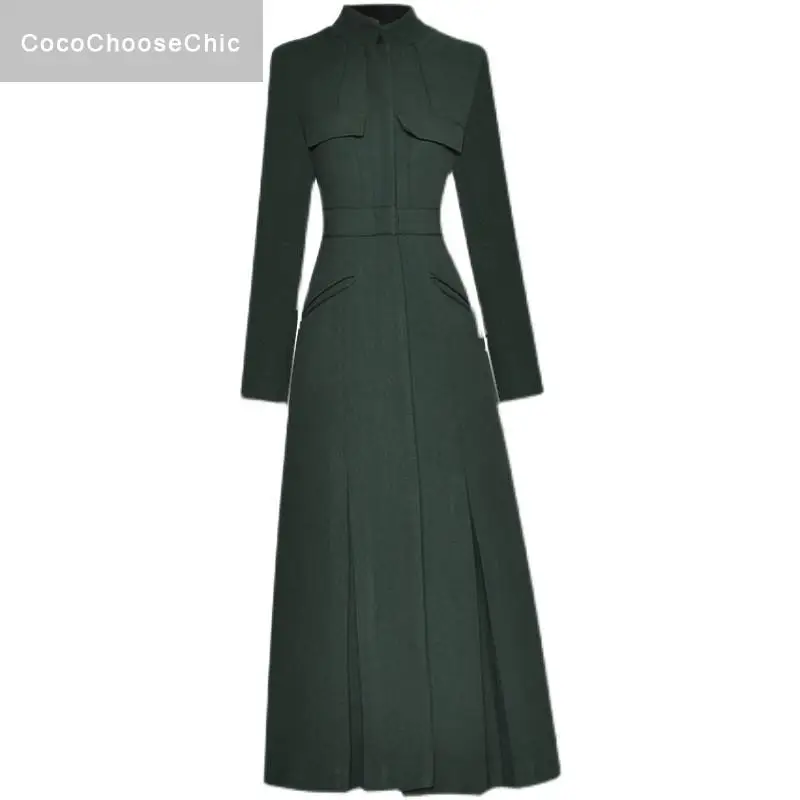

Женский Длинный тренчкот, дизайнерский подиумный винтажный однобортный тренчкот с длинным рукавом, зеленое пальто, зима 2021