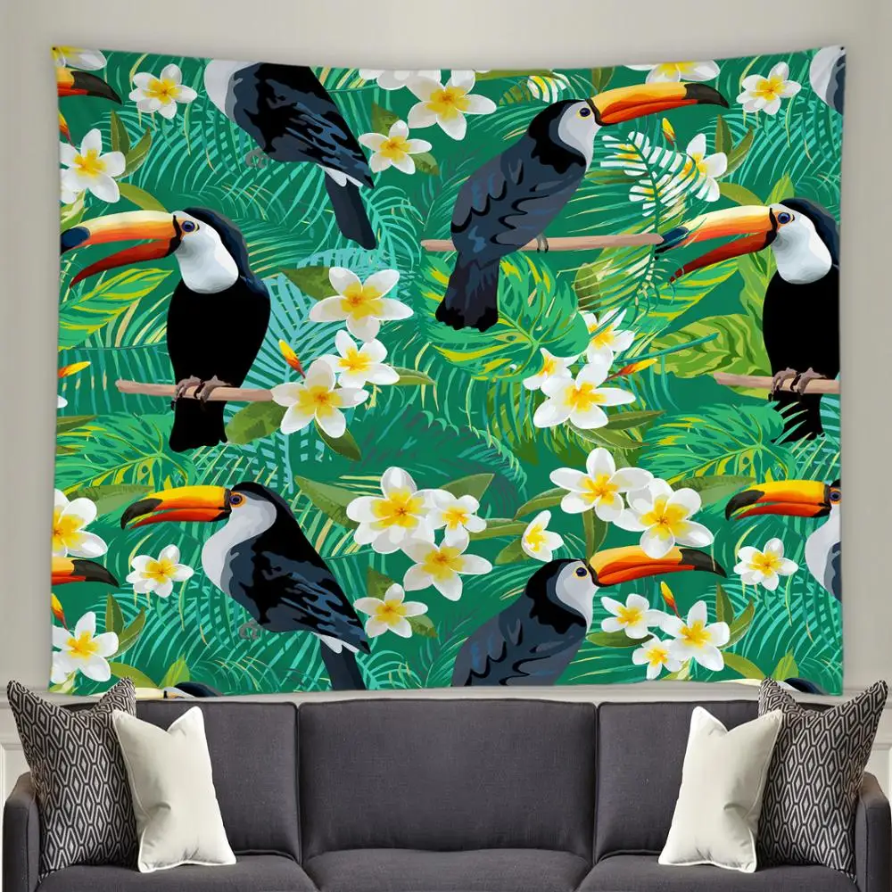 Гобелен тукан тропические джунгли растения цветы Декор стен гостиной спальни