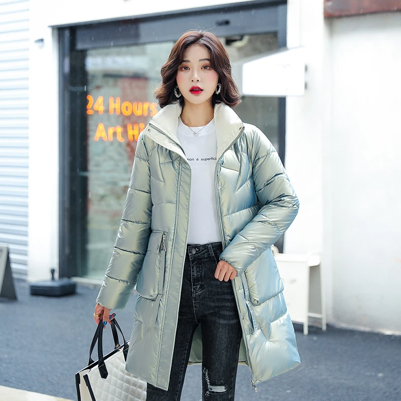 Solid Warm Ladies Zipper Puffer Jacket Quilted Shiny Cotton Padded Coat Outwear Stand Collar Winter Glossy Women's Long Parkas
Solid Warm Ladies Zipper Puffer Jacket Quilted Shiny Cotton Padded Coat Outwear Stand Collar Winter Glossy Women's Long Parkas