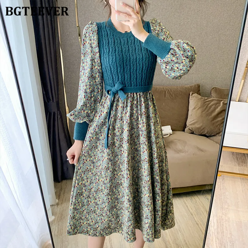 BGTEEVER Casual Women Floral Print Dress O-neck Knitted Patchwork Female Corduroy Dress Spring Lace-up A-line Vestidos Femme 
BGTEEVER Casual Women Floral Print Dress O-neck Knitted Patchwork Female Corduroy Dress Spring Lace-up A-line Vestidos Femme