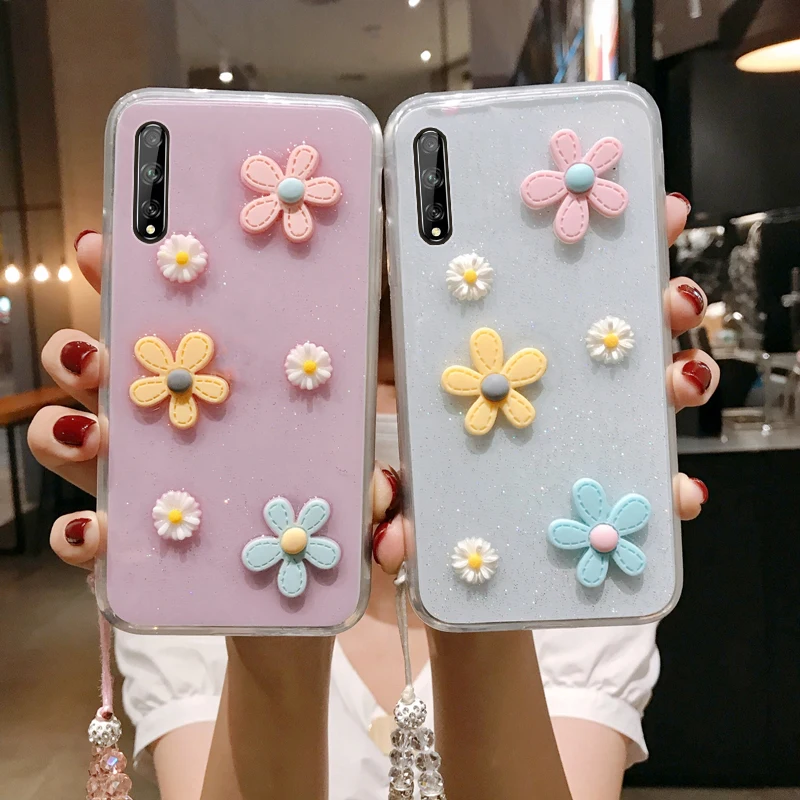 

Enjoy 10S 3D Bloemen Glitter Phone Case For Huawei Honor 20 Lite Transparante Bling Soft Tpu Back Cover