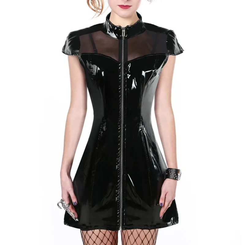 Wetlook Vinyl PVC Mini Sexy Dress Clubwear Mesh patchwork Leather Dress For Women's Night club vestido de festa 
Wetlook Vinyl PVC Mini Sexy Dress Clubwear Mesh patchwork Leather Dress For Women's Night club vestido de festa
