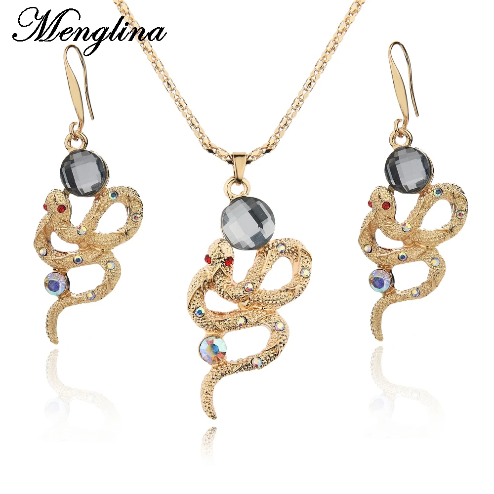 Menglina Fashion Metal Snake Necklace and Earrings Women Jewelry Set Gold Color Plated Crystal Pendant Parure Bijoux Femme | Украшения и