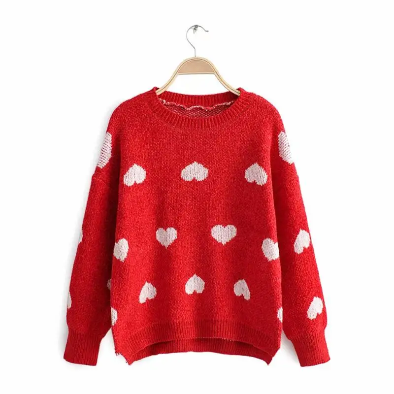 Женский вязаный свитер милый пуловер с красным сердечком