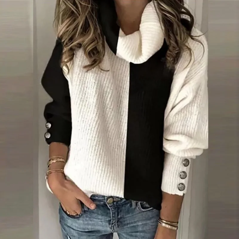 Fashion Patchwork Button Sweaters Jumper Casual Turtleneck Long Sleeve Pullover Tops Winter Elegant Ribbed Knitted Women Sweater
Fashion Patchwork Button Sweaters Jumper Casual Turtleneck Long Sleeve Pullover Tops Winter Elegant Ribbed Knitted Women Sweater
