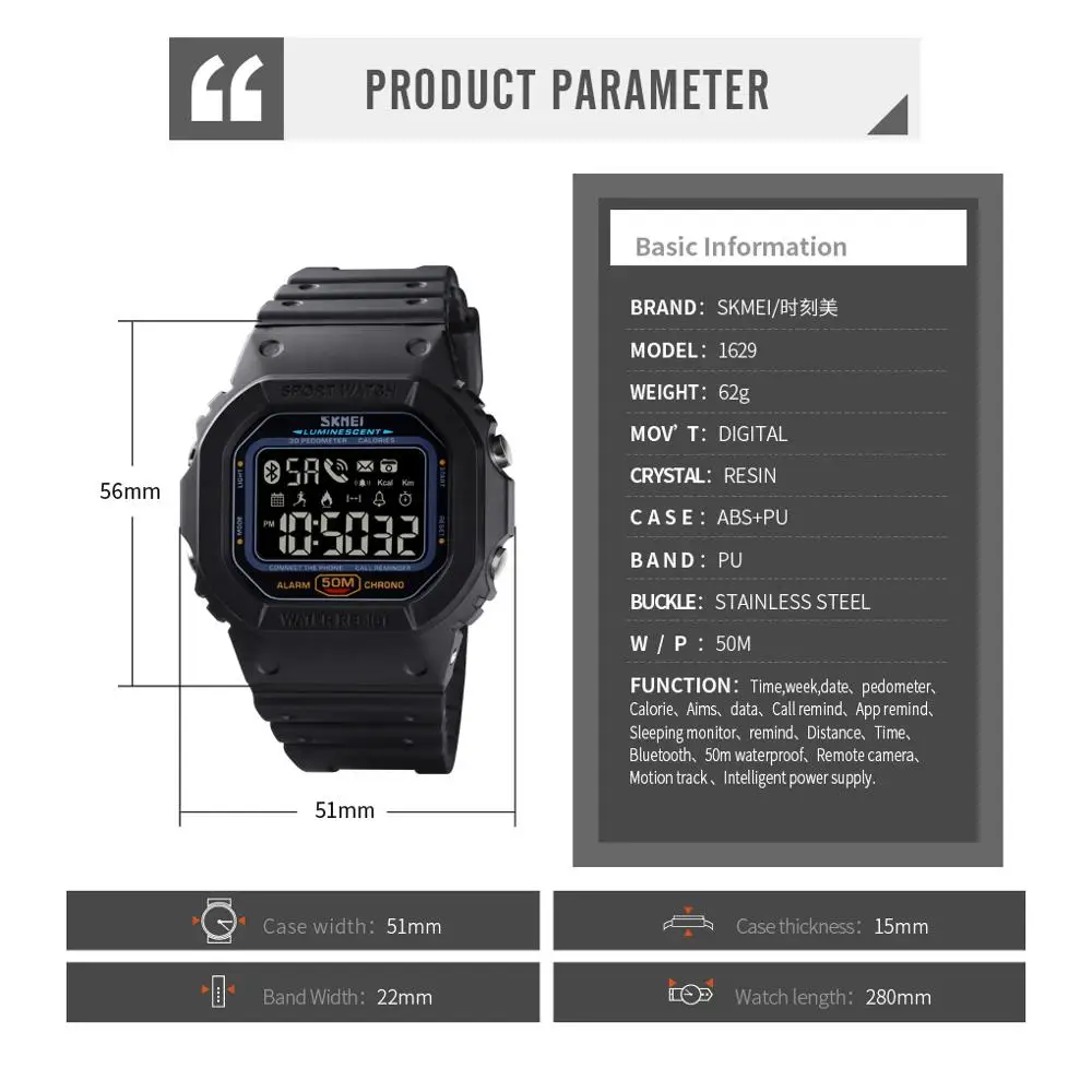 

SKMEI Smartwatch Men Bluetooth Electronic Watches Mens Pedometer Calorie Tracker For Huawei Iphone reloj inteligente Sport 1629