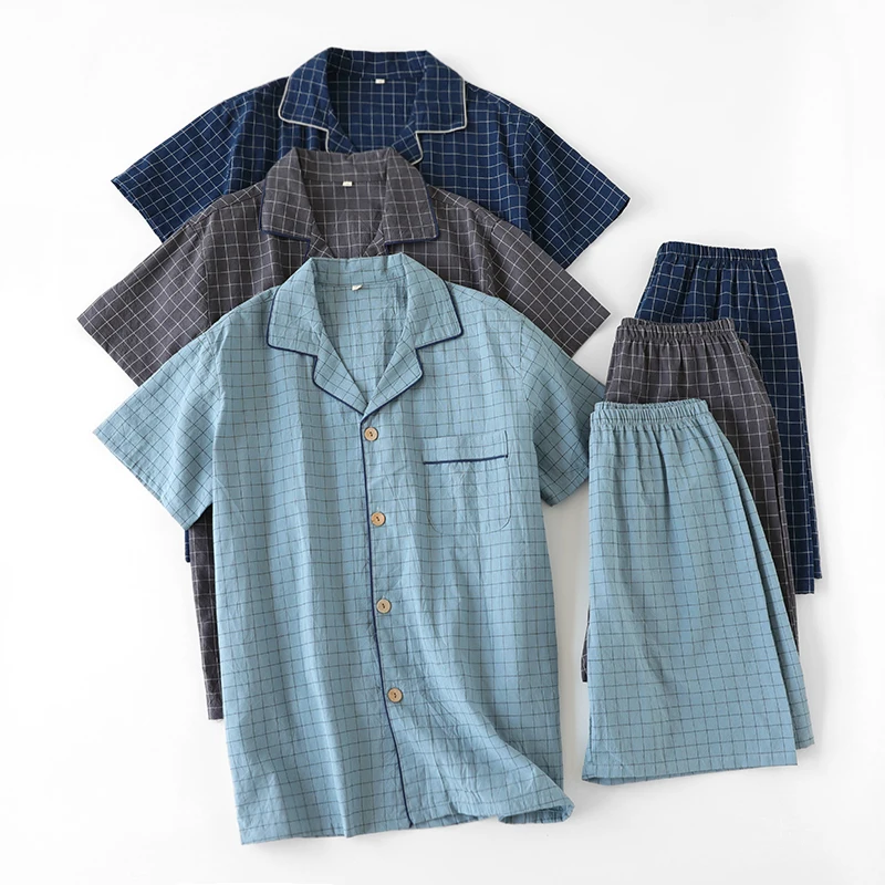 Harajpee Men's Pajamas Japanese Simple Plaid Printing Cotton Sleepwear Summer Short Sleeve Shorts Thin Men Home Suit Casual 2021
Harajpee Men's Pajamas Japanese Simple Plaid Printing Cotton Sleepwear Summer Short Sleeve Shorts Thin Men Home Suit Casual 2021