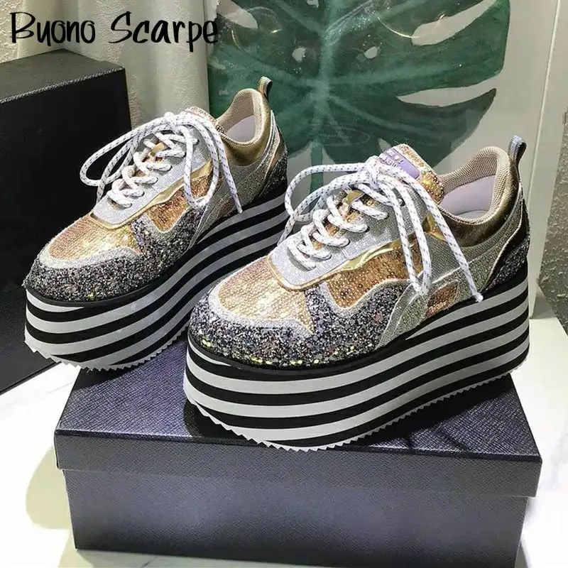 Bling Bling High Platform Sneakers Lace Up Sequined Thick Bottom Flat Platform Sneakers Women Fashion Designer Shoes Zapatos New
Bling Bling High Platform Sneakers Lace Up Sequined Thick Bottom Flat Platform Sneakers Women Fashion Designer Shoes Zapatos New