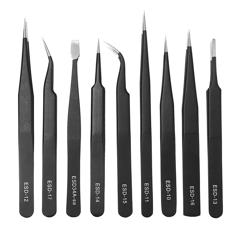 9Pcs ESD Stainless Steel Anti-static Tweezers Industrial Precision Curved Straight Tweezers Teardown Electronic Maintenance Tool
9Pcs ESD Stainless Steel Anti-static Tweezers Industrial Precision Curved Straight Tweezers Teardown Electronic Maintenance Tool