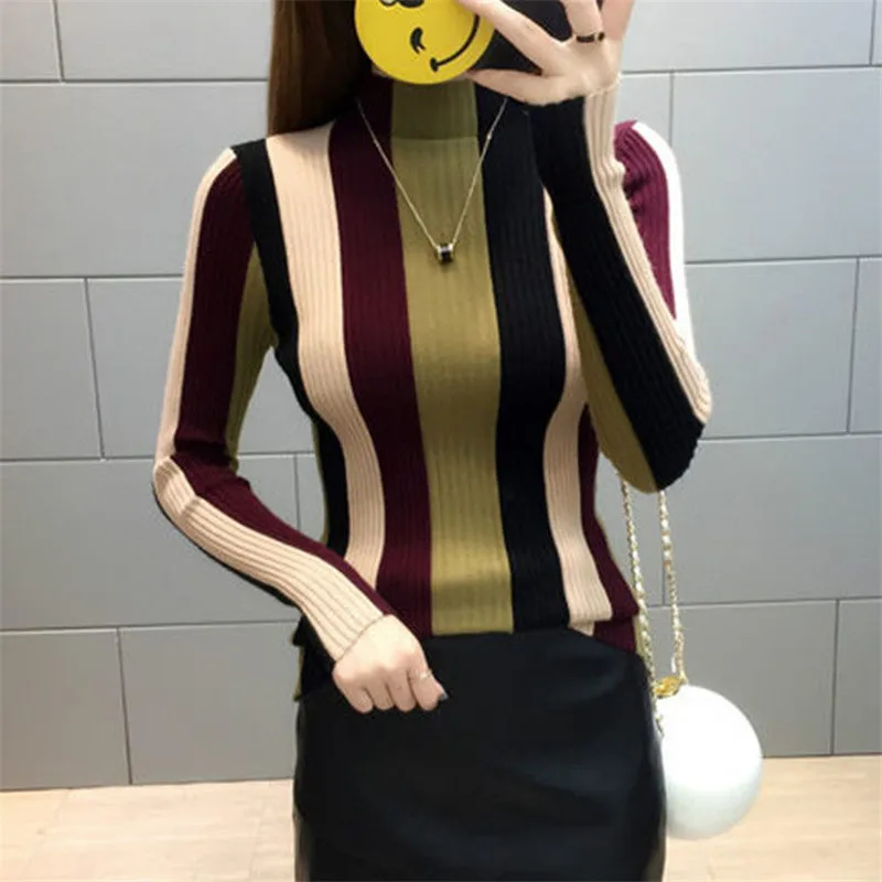 Autumn Winter Vintage Sweater Knitwear Stripe Half High Collar Women Long Sleeve Pullover Slim Jumper Tops TT0450
Autumn Winter Vintage Sweater Knitwear Stripe Half High Collar Women Long Sleeve Pullover Slim Jumper Tops TT0450