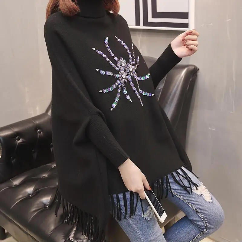 WenQing Fringed Sweater Bat Sleeves Autumn New High Collar Cloak Shawl Loose Slim Sweater Women 
WenQing Fringed Sweater Bat Sleeves Autumn New High Collar Cloak Shawl Loose Slim Sweater Women