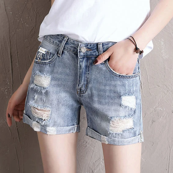 

broad-legged denim shorts women's summer 2021 new high-waisted loose show thin straight barrel hole-breaking pants thin tide