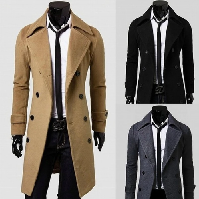 

Long Wool Men Brand Clothing Pea Jacket Turn-down Collar Overcoat Camel Pure Color Slim Double-breasted Woolen Trench Mens Coats