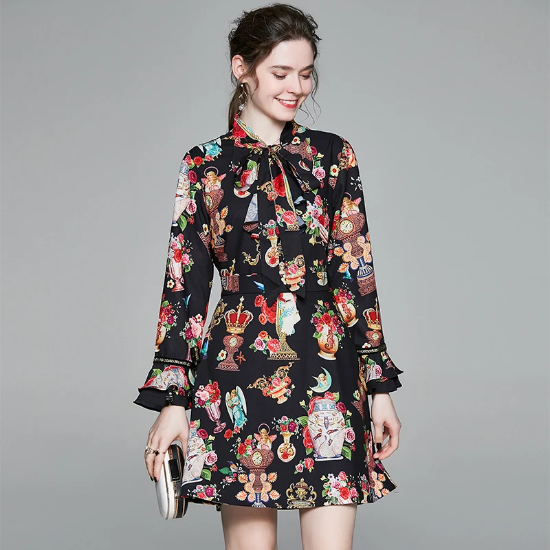 2022 Summer Women's Dress European fashion round neck print lace bow flared sleeve dress New Waist Female Slim Dresses X533
2022 Summer Women's Dress European fashion round neck print lace bow flared sleeve dress New Waist Female Slim Dresses X533