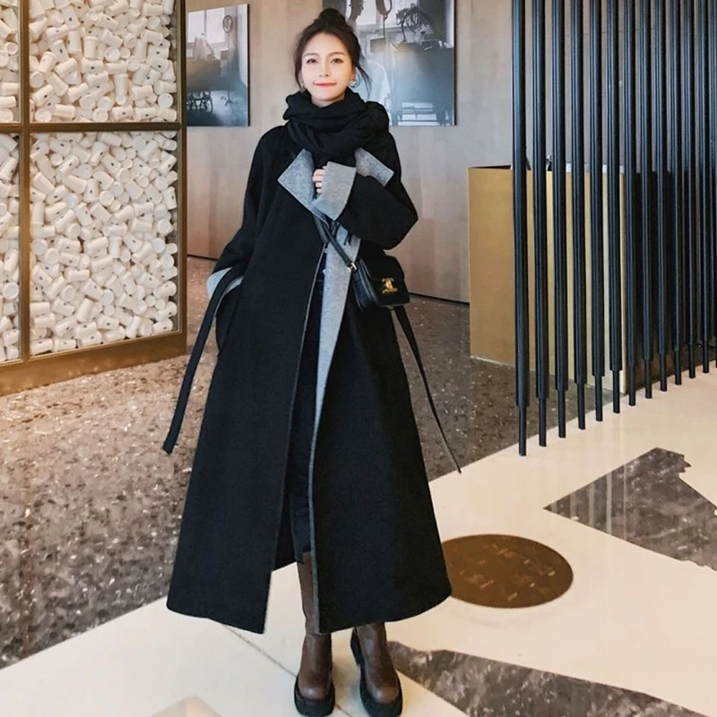 

Женское шерстяное пальто, черное пальто в стиле Хепберн, длинное, свободное, толстое, зимнее, 2021