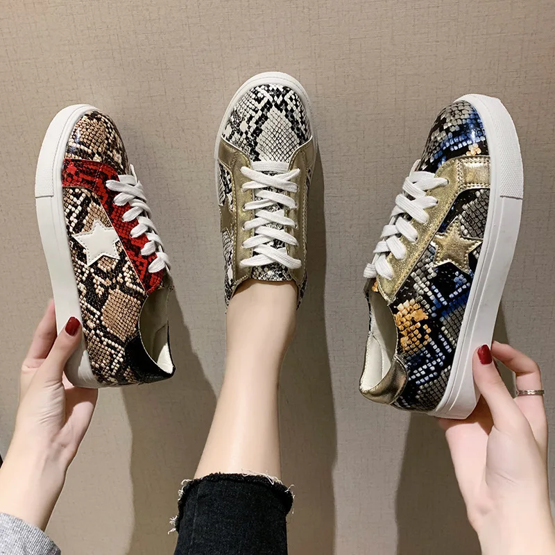 

2020 Women Snake Printing Lace Up Sneakers Female PU Leather Vulcanized Shoes Fashion 2019 Platform Woman Shoes Walking Footwear
