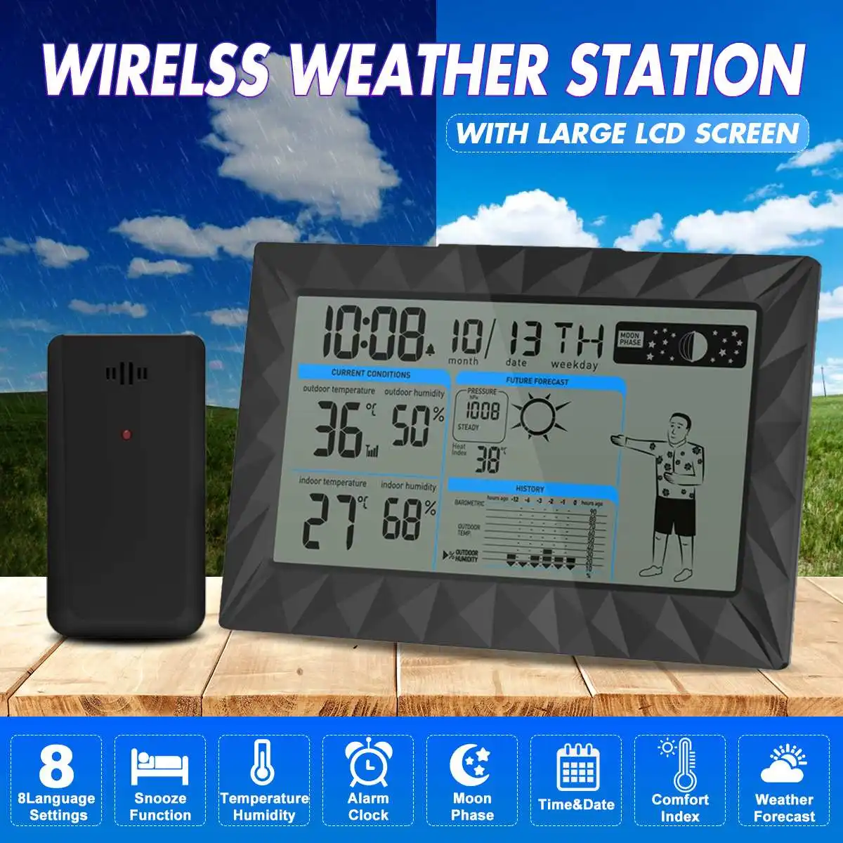 Wireless Weather Station Outdoor Remote Sensor Thermometer Hygrometer Humidity Snooze Clock Sunrise Sunset Calendar with Icon
Wireless Weather Station Outdoor Remote Sensor Thermometer Hygrometer Humidity Snooze Clock Sunrise Sunset Calendar with Icon