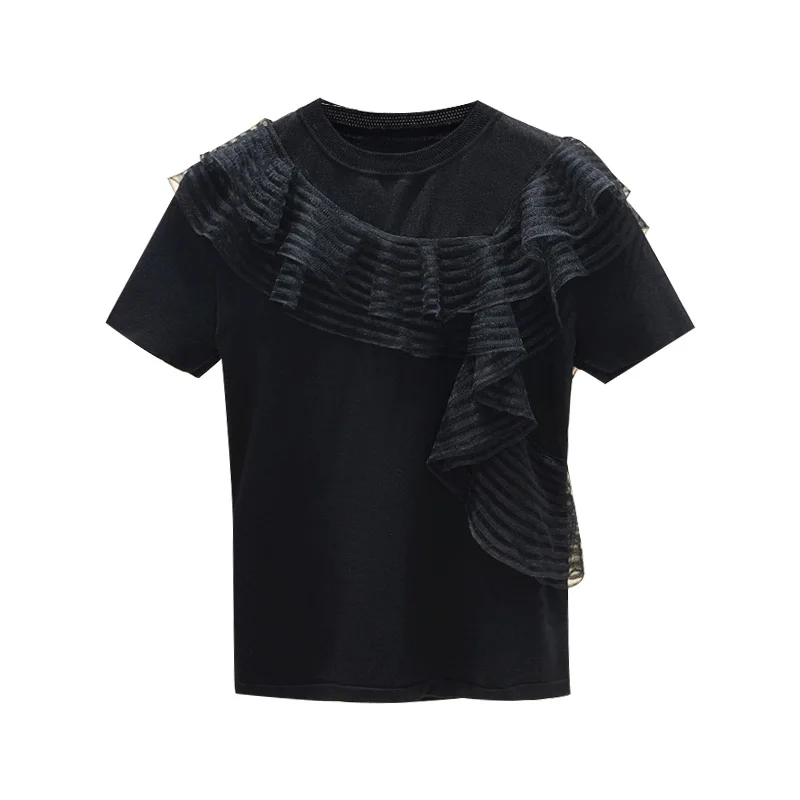 Mesh Patchwork Ruffled Loose Short Sleeve T-shirt for Woman 2021 Summer Clothing New Design Sexy Top All-Match White Black
Mesh Patchwork Ruffled Loose Short Sleeve T-shirt for Woman 2021 Summer Clothing New Design Sexy Top All-Match White Black