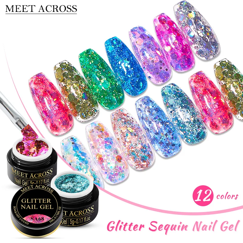 

MEET ACROSS 5ml Glitter UV Gel Nail Polish Sequin Semi Permanent Soak Off UV LED Nail Gel Varnish Shining Colorful Gel Lacquer