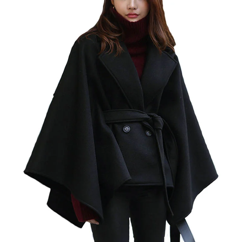

Cloak Coat Women 2022 Winter Woolen Blends Long Sleeve Sashes Loose Warm Elegant Lady Overcoat Fashion Outwear N1004