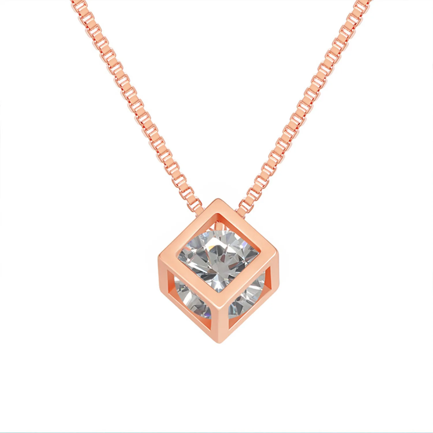 

Women`S Necklace Rose Gold Inlaid Bare Diamond Hollow Square Rubik's Cube Pendant Big 1236