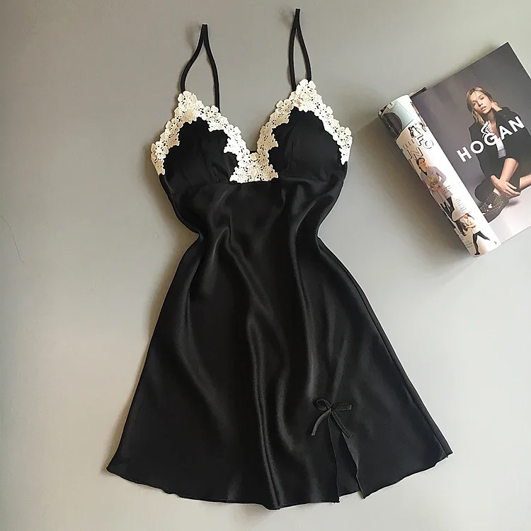 Summer New Blue V-neck Spaghetti Strap Nightdress Lace Flower Nightgown Bowknot Sleepwear Satin Sexy Home Dress M-XL | Женская одежда