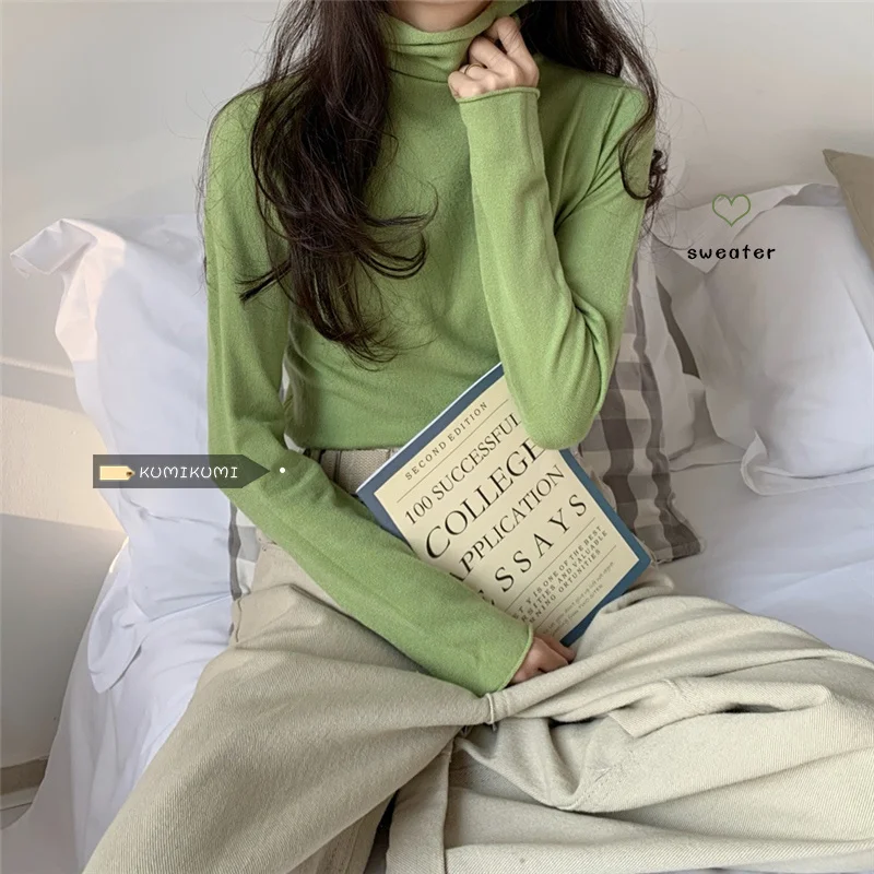 Однотонная Базовая Универсальная футболка, топ, Женский Осенний пуловер в иностранном стиле с высоким воротником и длинным рукавом, Удлине... 
Однотонная Базовая Универсальная футболка, топ, Женский Осенний пуловер в иностранном стиле с высоким воротником и длинным рукавом, Удлине...