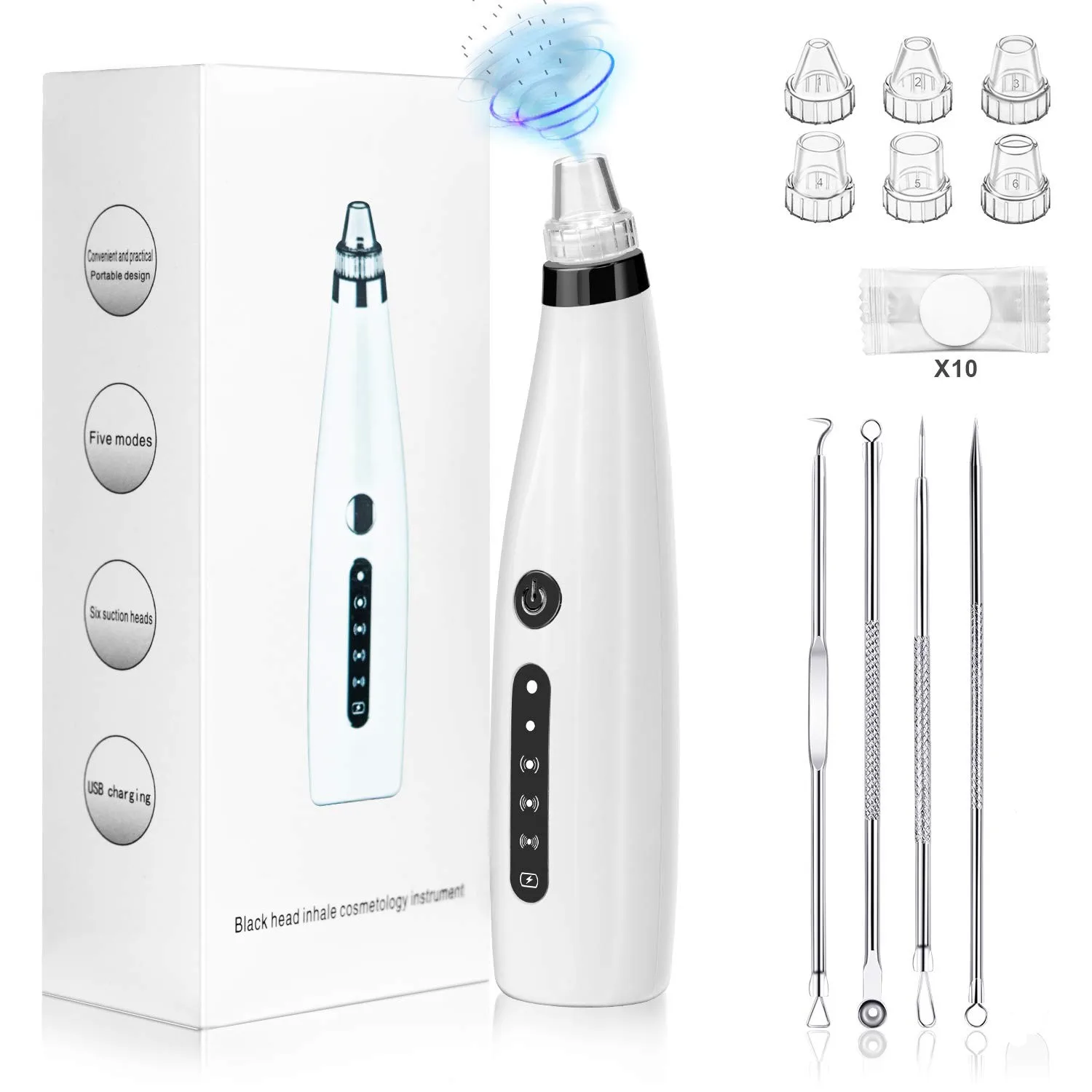 Blackhead remover pore Vacuum Facial Pore Cleaner Tool Kits USB Rechargeable 5 Adjustable Suction Power and 6 Suction Heads 
Blackhead remover pore Vacuum Facial Pore Cleaner Tool Kits USB Rechargeable 5 Adjustable Suction Power and 6 Suction Heads