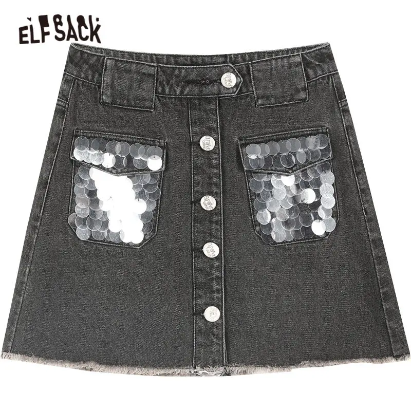 ELFSACK Black Gray Contrast Sequins Casual Washed Women Denim Skirts 2020 Summer ELF Single Button Korean Ladies Mini Bottom
ELFSACK Black Gray Contrast Sequins Casual Washed Women Denim Skirts 2020 Summer ELF Single Button Korean Ladies Mini Bottom