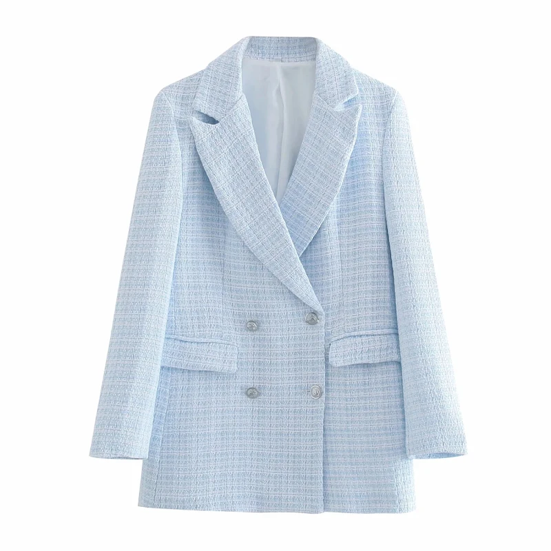 Women Slim Blue Plaid Texture Blazer Jacket Female Notched Collar Double Breasted Pocket Chic Office Lady Casual Fashion Top
Women Slim Blue Plaid Texture Blazer Jacket Female Notched Collar Double Breasted Pocket Chic Office Lady Casual Fashion Top