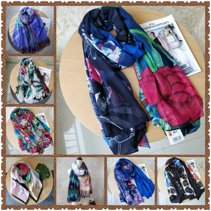 Модный женский шарф Desigual с испанскими зубьями демисезонный вышивкой кружевной