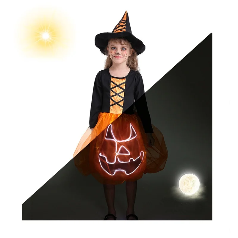 

Светящийся в темноте костюм на Хэллоуин светящийся сценический костюм для выступлений для ролевых игр для девочки милое платье с тыквой че...