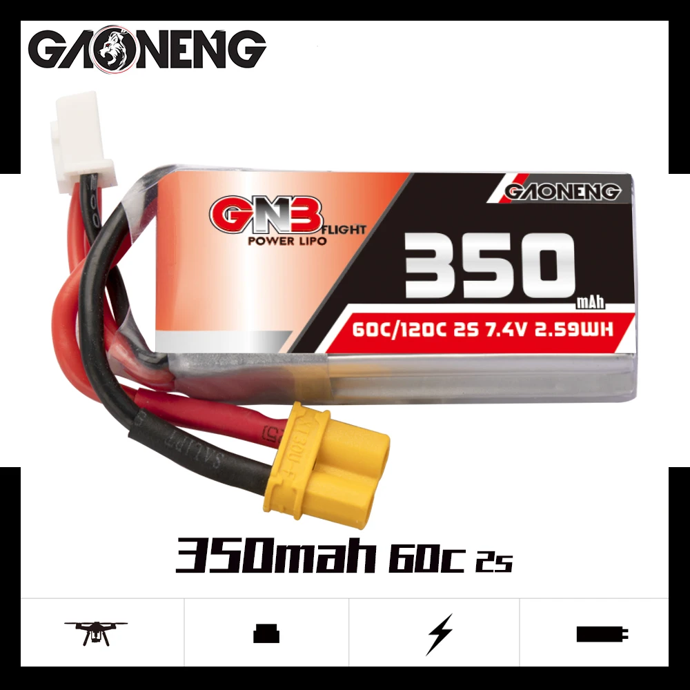 

2PCS GNB GAONENG 2S 350mah 7.4V 60C/120C Lipo battery with XT30 Plug for BETAFPV Beta75X 2S Beta65X 2S Tiny Whoop Drones