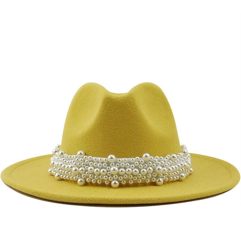 Wool Jazz Fedora Hats Casual Men Women Leather Pearl ribbon Felt Hat white pink yellow Panama Formal Party Cap
Wool Jazz Fedora Hats Casual Men Women Leather Pearl ribbon Felt Hat white pink yellow Panama Formal Party Cap