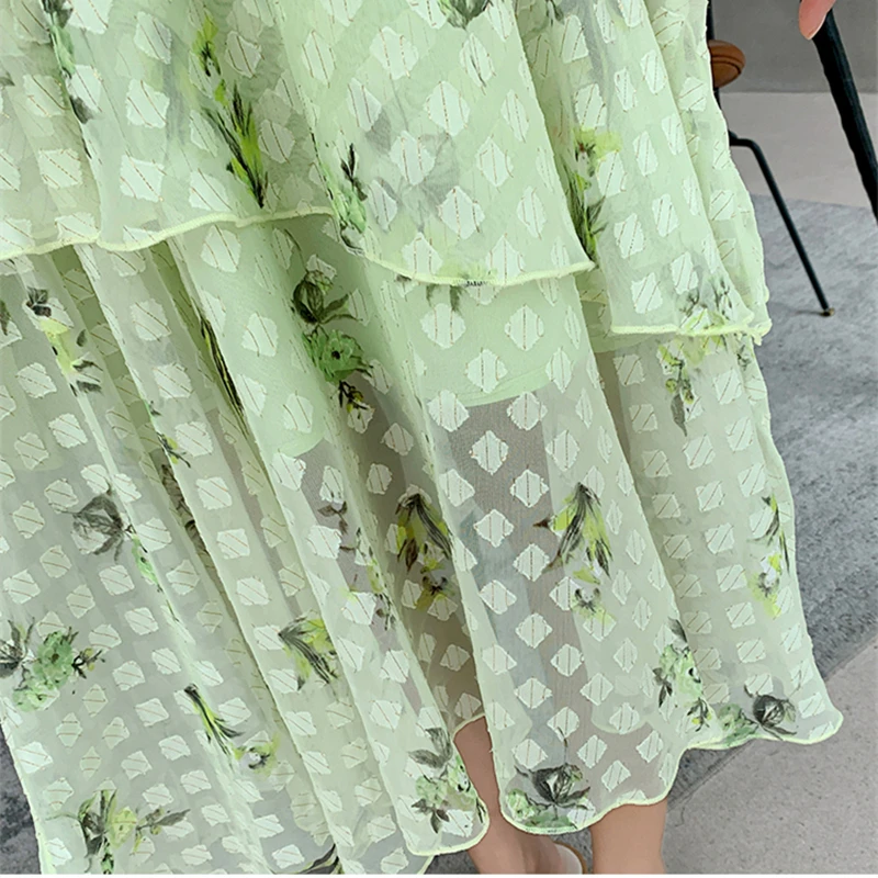 

Ruffle Chiffon Floral Summer Dress V-Neck Flared Sleeves Avocado Green Hepburn Dress 2021 Korea Elastic Waist Women Clothing