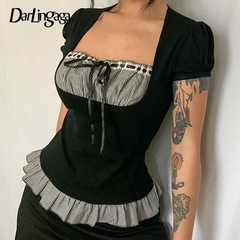 Darlingaga Square Collar Cute Stripe Ruffles Patchwork Black Female T-shirt Bow Lace Up Preppy Crop Tops Casual Summer Tee Basic
Darlingaga Square Collar Cute Stripe Ruffles Patchwork Black Female T-shirt Bow Lace Up Preppy Crop Tops Casual Summer Tee Basic