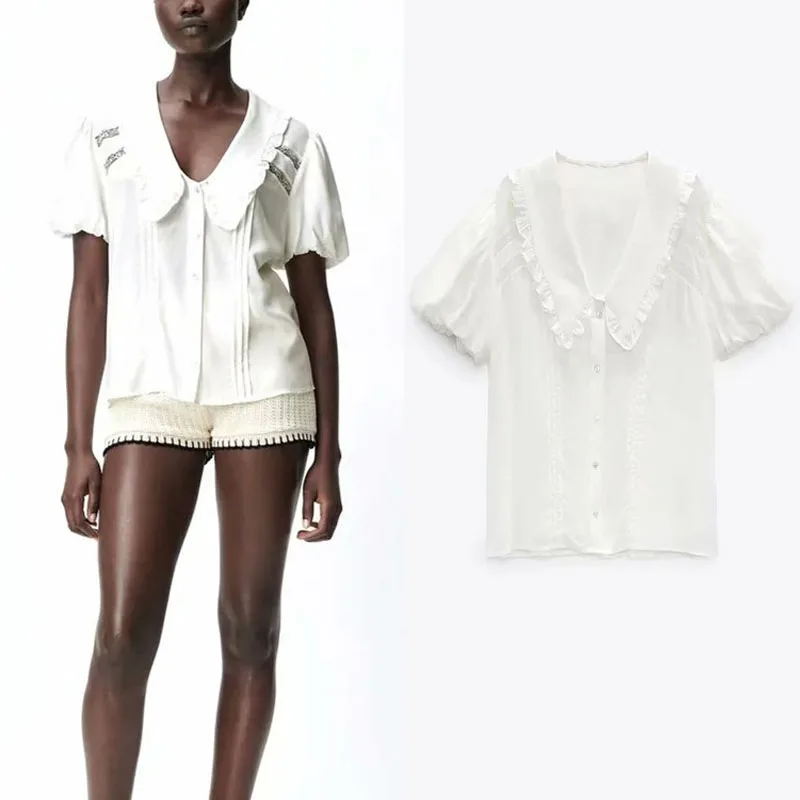 Za Summer White V-neck Girl Shirt Pleated Lace Large Lapel Single-breasted Shirt Puff Sleeve Vintage Casual Office Woman Shirt
Za Summer White V-neck Girl Shirt Pleated Lace Large Lapel Single-breasted Shirt Puff Sleeve Vintage Casual Office Woman Shirt