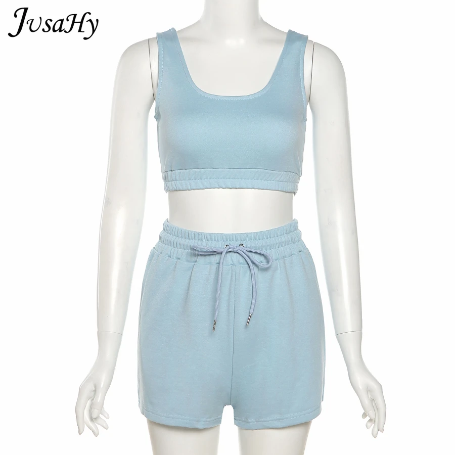 Jusahy Casual Stretch Solid Two Piece Sets Women 2021 Crop Top and Drawstring Shorts Matching Set Sportswear Summer 
Jusahy Casual Stretch Solid Two Piece Sets Women 2021 Crop Top and Drawstring Shorts Matching Set Sportswear Summer