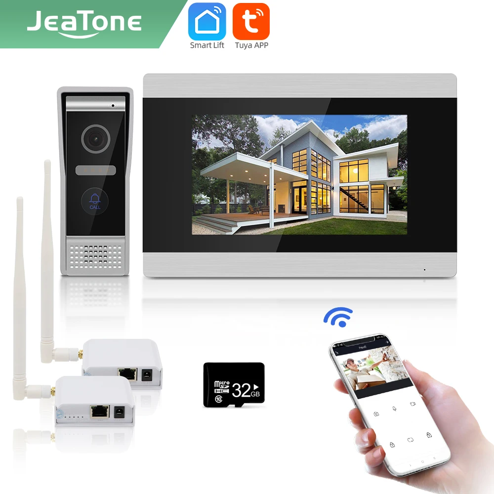 

Jeatone Tuya smart 7 inch WIFI IP Video intercom phone doorbell camera call interphone system with wireless WIFI Bridge Box