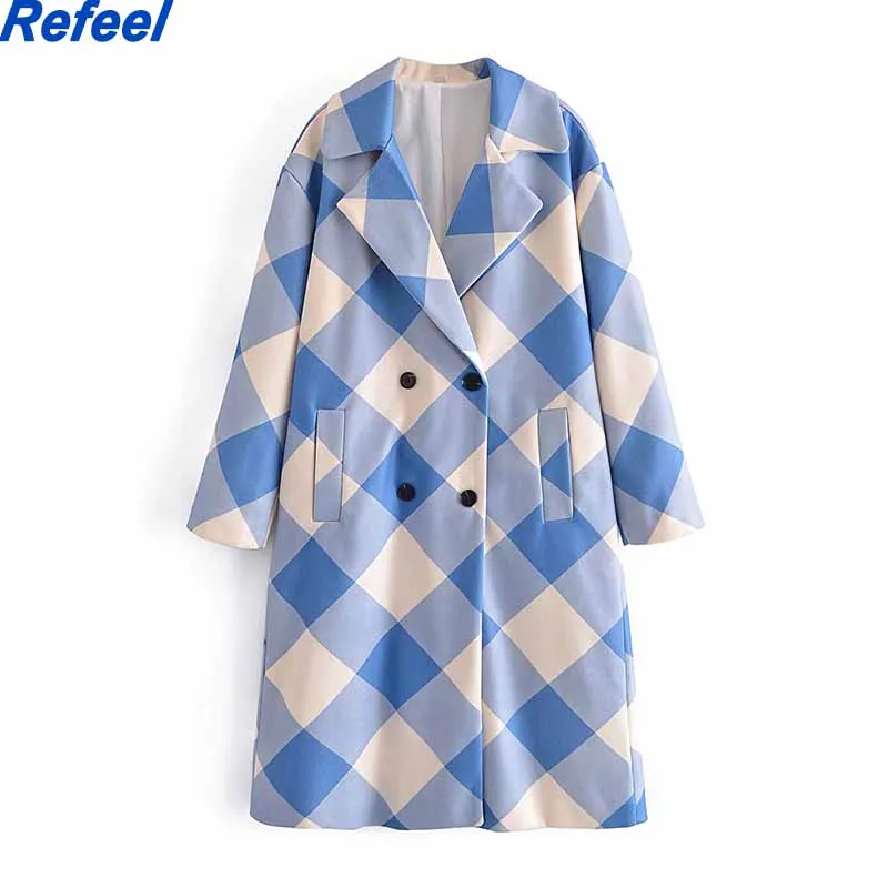 Женское двубортное пальто средней длины, клетчатая синяя куртка с отложным воротником и длинными рукавами и карманами, Осень-зима 2021
Женское двубортное пальто средней длины, клетчатая синяя куртка с отложным воротником и длинными рукавами и карманами, Осень-зима 2021