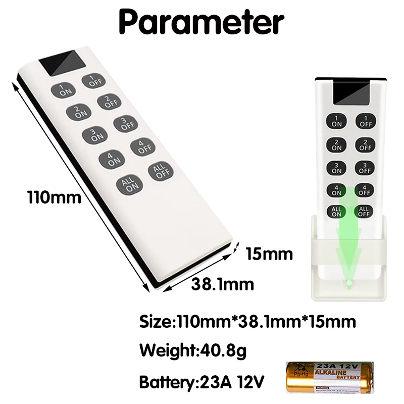 Diese Universal Light Remote Control AC 90~250V 10A 1CH Relay Receiver and 433Mhz 10 Button Wireless Transmitter For LED/Light 
Diese Universal Light Remote Control AC 90~250V 10A 1CH Relay Receiver and 433Mhz 10 Button Wireless Transmitter For LED/Light