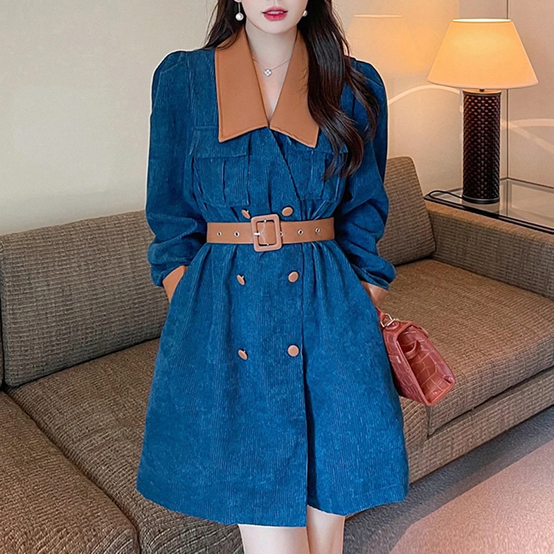 Korean Patchwork Corduroy Dress Women Long Puff Sleeve Elegant Mini Dress Spring Autumn Office Lady Double breasted Dress
Korean Patchwork Corduroy Dress Women Long Puff Sleeve Elegant Mini Dress Spring Autumn Office Lady Double breasted Dress