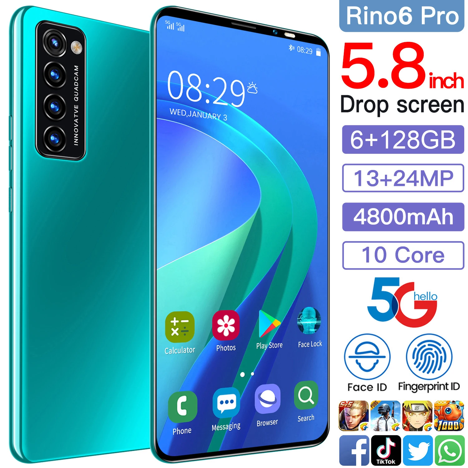 Unlock Phone Rino6 Pro 5.8 Inch Smartphone 8G+256GB 10 Core 4800mAh Face ID Cellphones Dual SIM 13+24MP Andriod Mobile Phone
Unlock Phone Rino6 Pro 5.8 Inch Smartphone 8G+256GB 10 Core 4800mAh Face ID Cellphones Dual SIM 13+24MP Andriod Mobile Phone